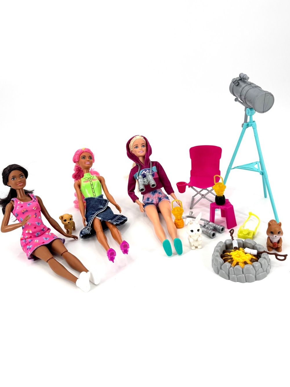 Mattel 17 Pc. Lot-of-3 (Camping, Country Cowgirl, AA w/pup) Barbie Dolls and Acc